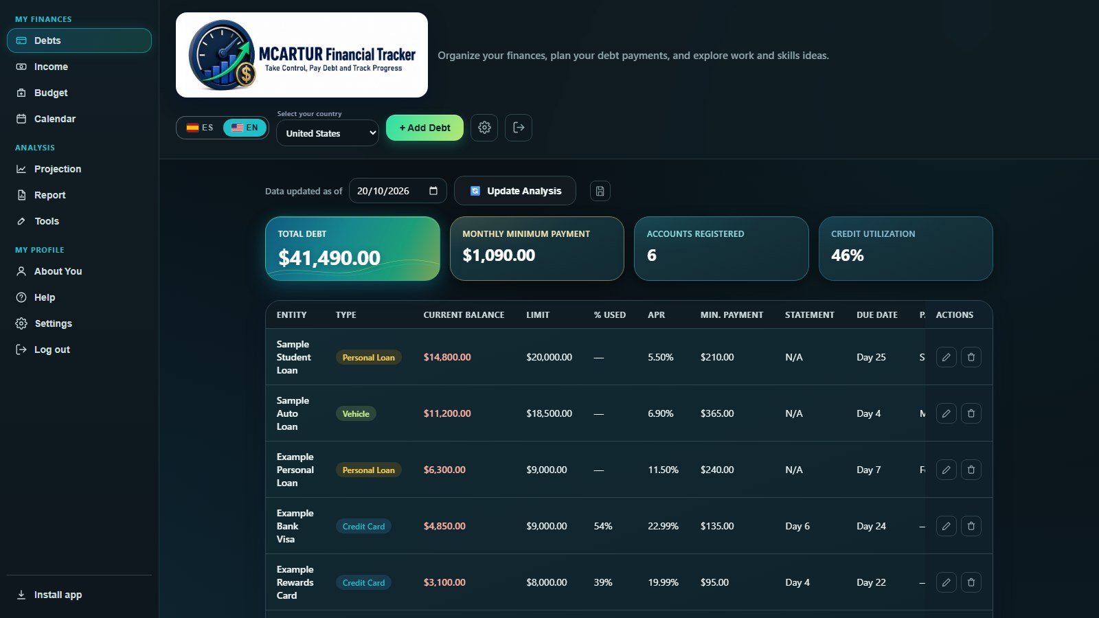 Debts tab with six sample accounts