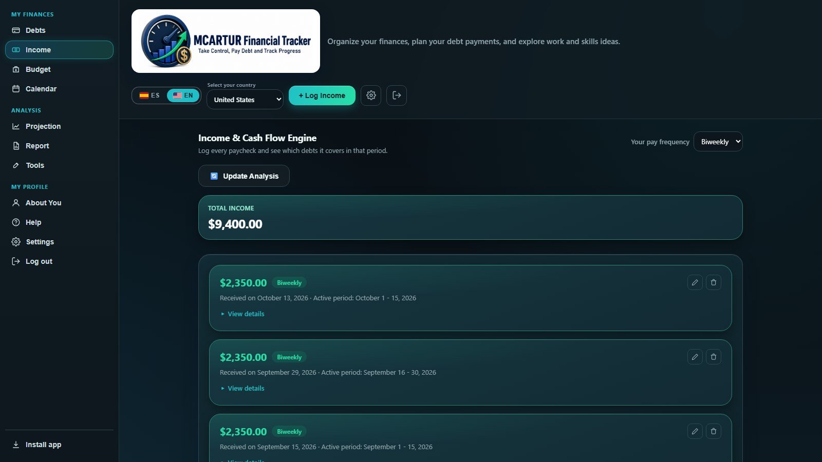 Income tab with biweekly paychecks