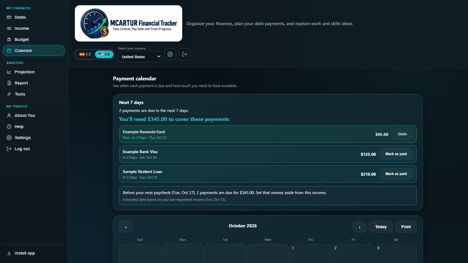 Payment calendar with the next 7 days and a set-aside note