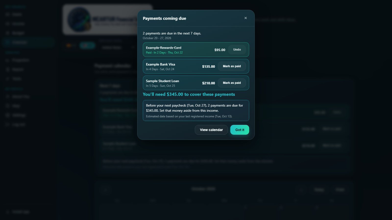 Alert listing payments due in the next 7 days