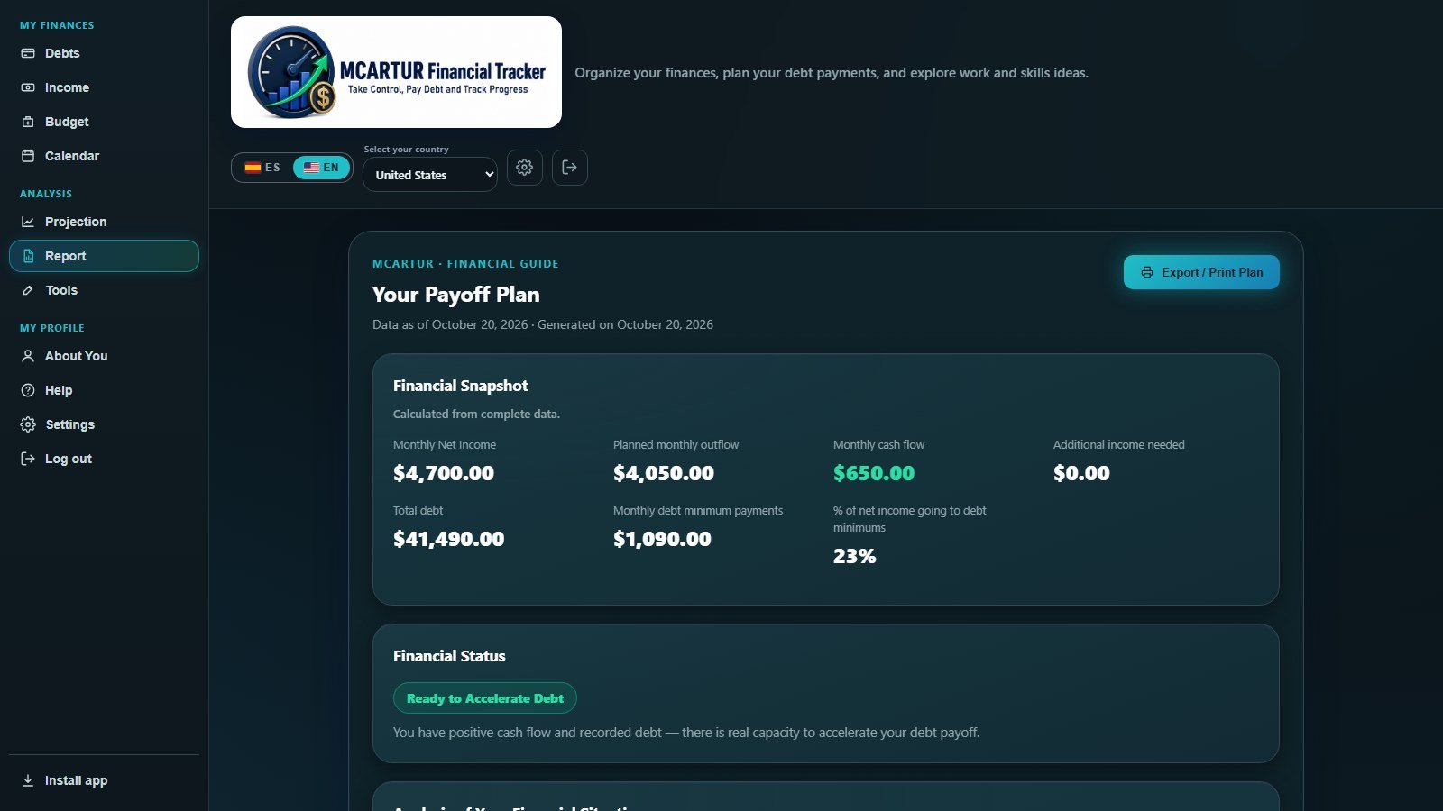 Payoff Plan report