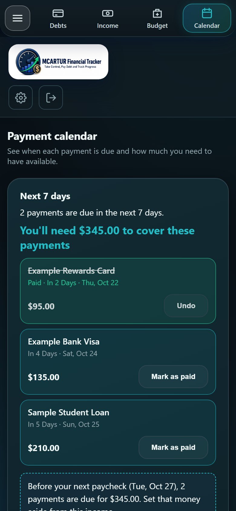 Payment calendar on a phone